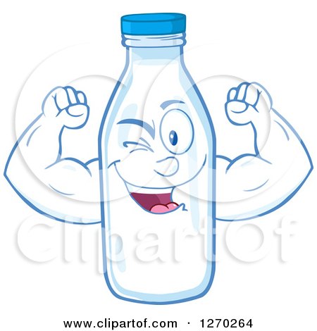 Clipart of a Milk Bottle Character Winking and Flexing - Royalty Free Vector Illustration by Hit Toon