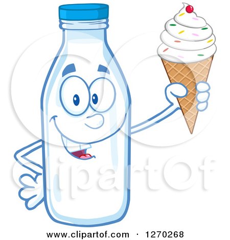 Clipart of a Milk Bottle Character Holding up a Waffle Ice Cream Cone - Royalty Free Vector Illustration by Hit Toon
