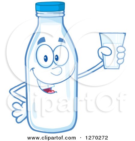Clipart of a Milk Bottle Character Holding up a Cup - Royalty Free Vector Illustration by Hit Toon