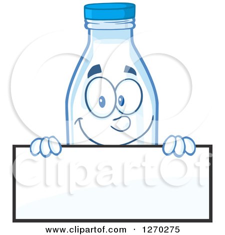Clipart of a Milk Bottle Character Looking over a Blank Sign - Royalty Free Vector Illustration by Hit Toon