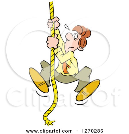 Clipart of an Uncertain Caucasian Man Climbing an Upward Mobility Rope - Royalty Free Vector Illustration by Johnny Sajem