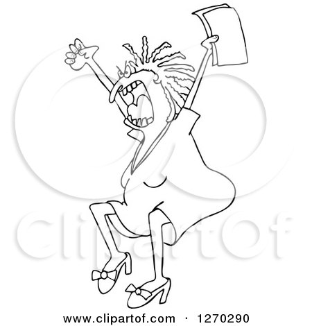 Clipart of a Black and White Angry Business Woman Jumping and Screaming with Documents in Hand - Royalty Free Vector Illustration by djart