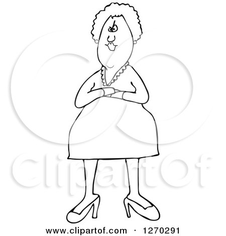 Clipart of a Black and White Stern or Angry Senior Woman with Folded Arms - Royalty Free Vector Illustration by djart