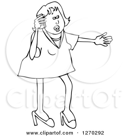 Clipart of a Black and White Woman Gesturing and Explaining on a Telephone - Royalty Free Vector Illustration by djart