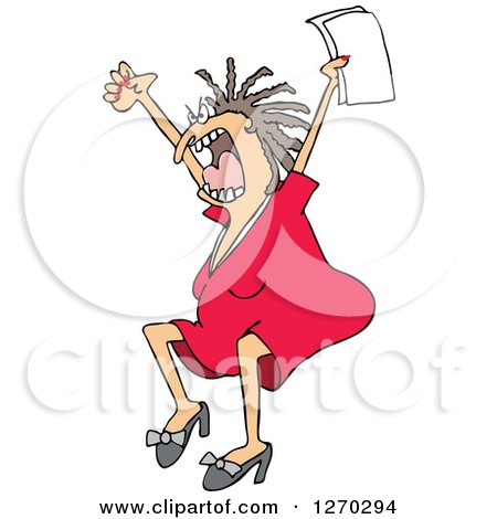 Clipart of a Mad White Business Woman Jumping and Screaming with Documents in Hand - Royalty Free Vector Illustration by djart