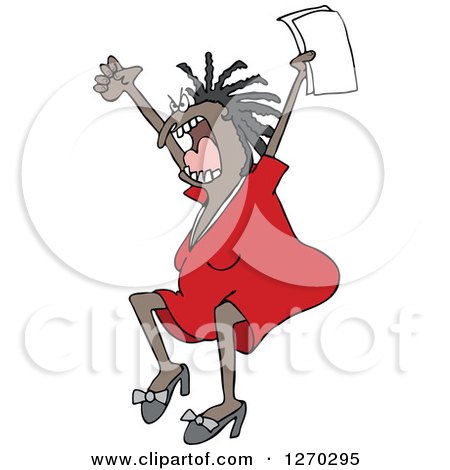 Clipart of a Mad Black Business Woman Jumping and Screaming with Documents in Hand - Royalty Free Vector Illustration by djart