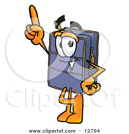 Clipart Picture of a Suitcase Cartoon Character Pointing Upwards by Mascot Junction
