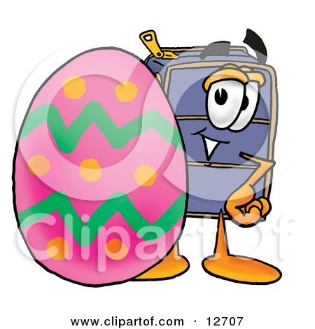 Clipart Picture of a Suitcase Cartoon Character Standing Beside an Easter Egg by Mascot Junction