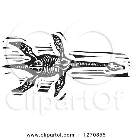 Clipart of a Black and White Woodcut Pliosaur Skeleton - Royalty Free Vector Illustration by xunantunich