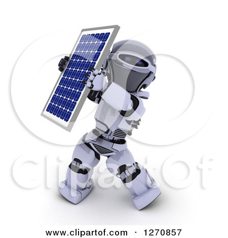 Clipart of a 3d Robot Holding up a Solar Panel on a White Background - Royalty Free Illustration by KJ Pargeter