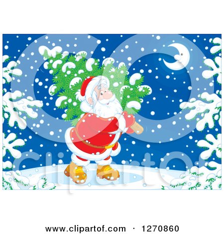 Clipart of a Christmas Santa Claus Carrying a Tree on a Snowy Night - Royalty Free Vector Illustration by Alex Bannykh
