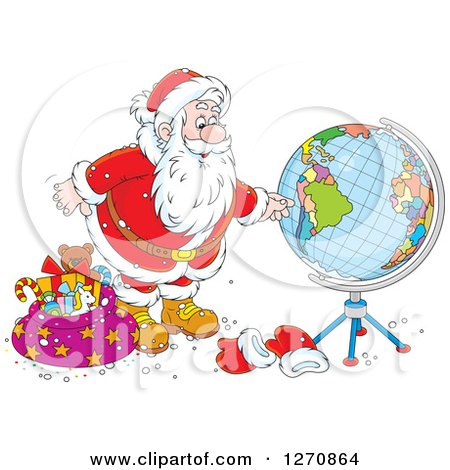 Clipart of a Christmas Santa Looking at a Globe - Royalty Free Vector Illustration by Alex Bannykh