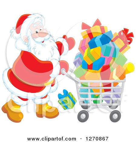 Clipart of a Christmas Santa Claus Pushing a Shopping Cart Full of Gifts - Royalty Free Vector Illustration by Alex Bannykh
