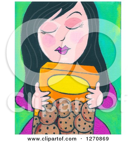 Clipart of a Canvas Painting of a Black Haired Woman Hugging a Box of Cookies - Royalty Free Illustration by Maria Bell
