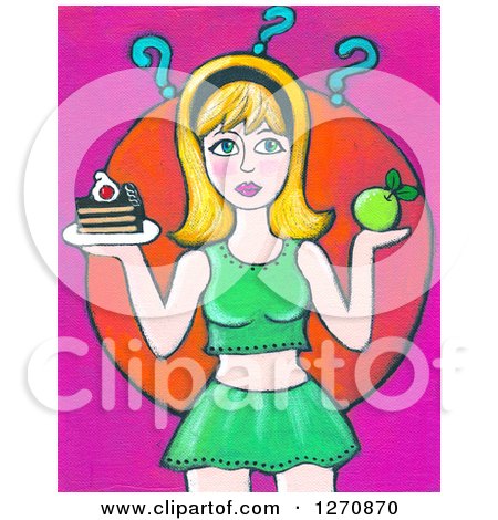 Clipart of a Canvas Painting of a Blond Caucasian Woman Deciding on a Cake or Apple - Royalty Free Illustration by Maria Bell