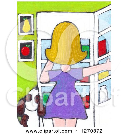 Clipart of a Canvas Painting of a Rear View of a Blond Caucasian Woman and Dog Staring into the Fridge - Royalty Free Illustration by Maria Bell