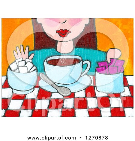 Clipart of a Canvas Painting of a Brunette Caucasian Woman Adding Sugar to Her Tea or Coffee - Royalty Free Illustration by Maria Bell