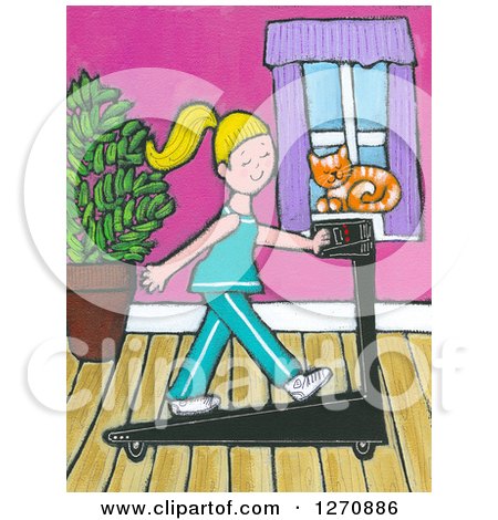 Clipart of a Canvas Painting of a Cat Watching a Blond Caucasian Woman Exercise on a Treadmill - Royalty Free Illustration by Maria Bell