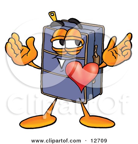 Clipart Picture of a Suitcase Cartoon Character With His Heart Beating Out of His Chest by Mascot Junction