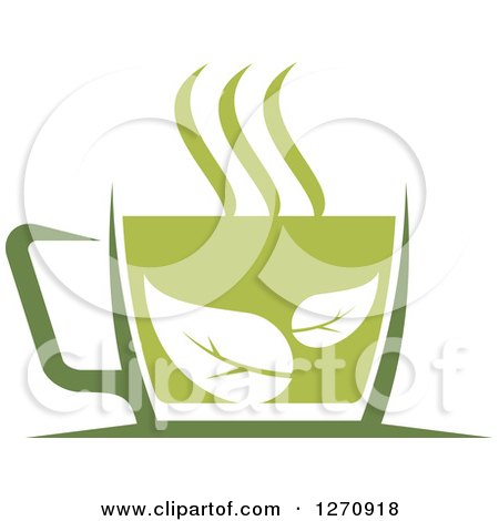 Clipart of a Two Toned Steamy Hot Green Tea Cup and Leaves - Royalty Free Vector Illustration by Vector Tradition SM