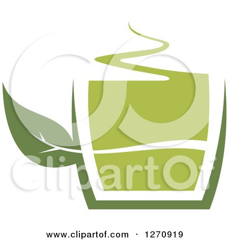 Clipart of a Two Toned Steamy Hot Green Tea Cup with a Leaf Handle - Royalty Free Vector Illustration by Vector Tradition SM