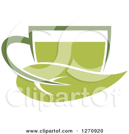 Clipart of a Two Toned Steamy Hot Green Tea Cup and a Leaf Handle - Royalty Free Vector Illustration by Vector Tradition SM