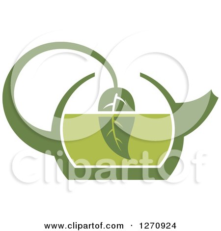 Clipart of a Two Toned Steamy Green Tea Kettle and a Leaf - Royalty Free Vector Illustration by Vector Tradition SM