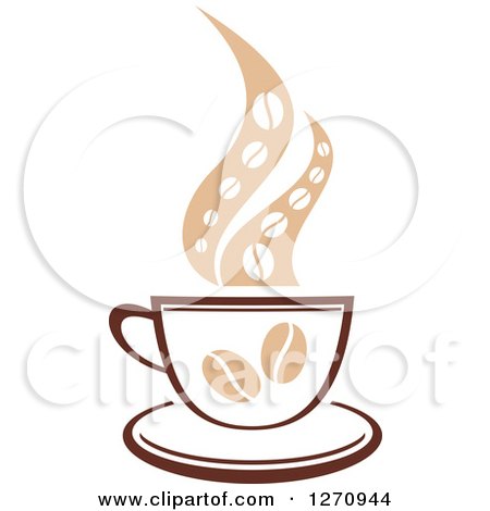 Clipart of a Two Toned Tan and Brown Steamy Coffee Cup with Beans - Royalty Free Vector Illustration by Vector Tradition SM