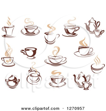 Clipart of Two Toned Tan and Brown Steamy Coffee Cups and Pots - Royalty Free Vector Illustration by Vector Tradition SM