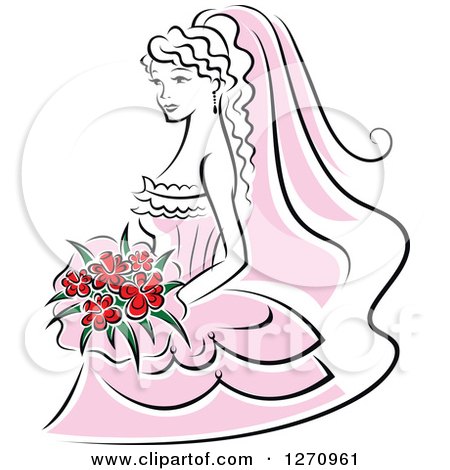 Clipart of a Black and White Bride in a Pink Dress, with Red Flowers - Royalty Free Vector Illustration by Vector Tradition SM