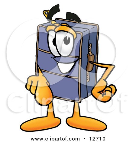 Clipart Picture of a Suitcase Cartoon Character Pointing at the Viewer by Mascot Junction
