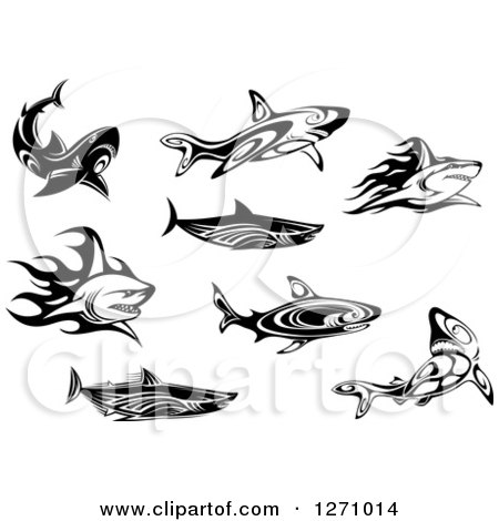 Clipart of Black and White Tribal and Flaming Sharks - Royalty Free Vector Illustration by Vector Tradition SM