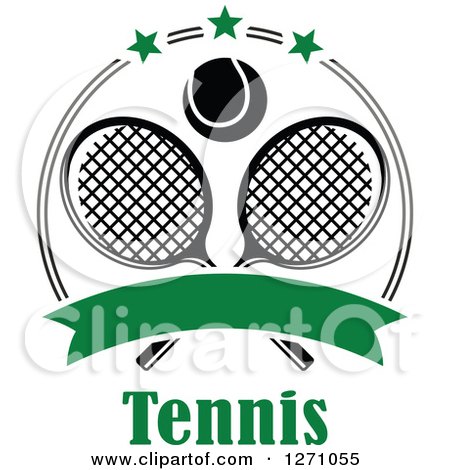 Clipart of a Black and White Tennis Ball over Crossed Rackets in a Circle with Greeb Stars, a Blank Banner, over Text - Royalty Free Vector Illustration by Vector Tradition SM