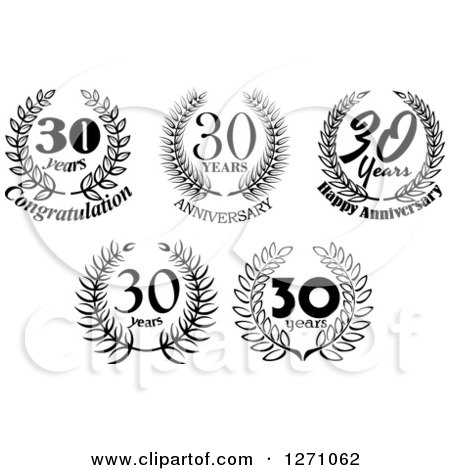 Clipart of Black and White 30 Years Laurel Wreath Anniversary Designs - Royalty Free Vector Illustration by Vector Tradition SM