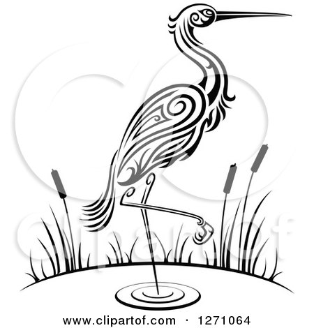 Clipart of a Black and White Wading Tribal Crane with Cattails - Royalty Free Vector Illustration by Vector Tradition SM