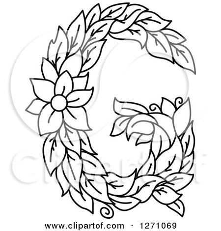 Clipart of a Black and White Floral Capital Letter G with a Flower - Royalty Free Vector Illustration by Vector Tradition SM