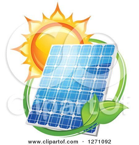 Clipart of a Sun Behind a Solar Panel Encircled with a Swoosh and Green Leaves - Royalty Free Vector Illustration by Vector Tradition SM