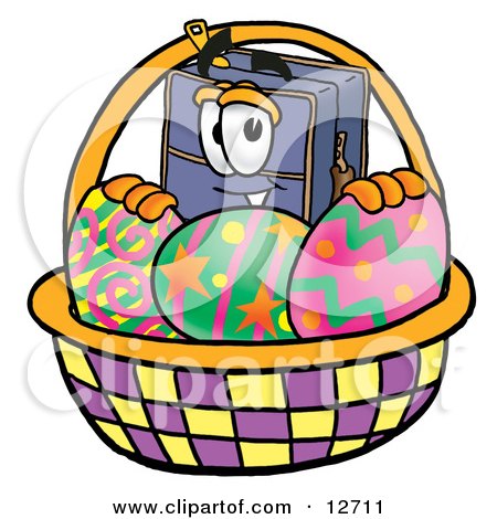 Clipart Picture of a Suitcase Cartoon Character in an Easter Basket Full of Decorated Easter Eggs by Mascot Junction