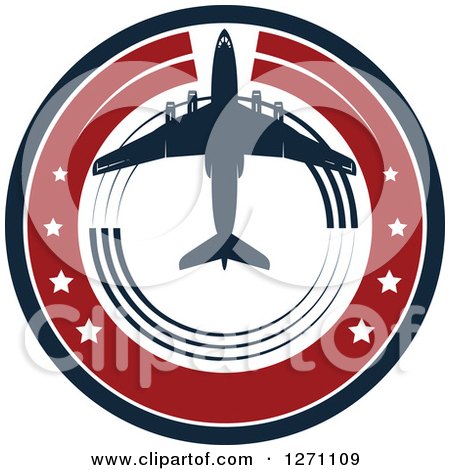 Clipart of a Red White and Blue Commercial Airliner and Stars Circle - Royalty Free Vector Illustration by Vector Tradition SM