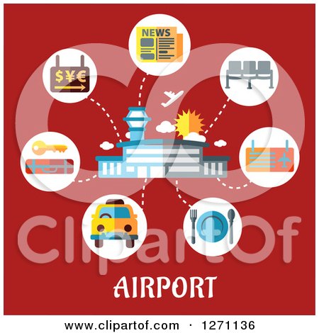 Clipart of Airport Text Under a Building and Travel Icons on Red - Royalty Free Vector Illustration by Vector Tradition SM