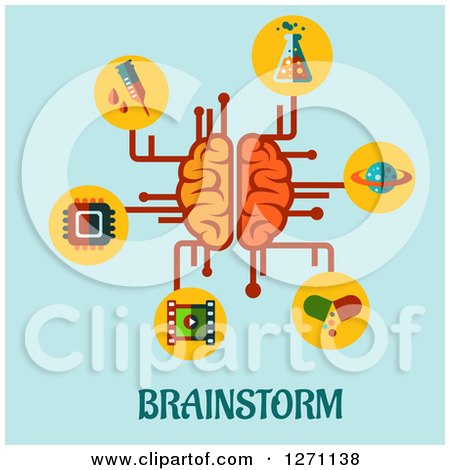 Clipart of Brainstorming Text Under a Brain and Circuit Icons on Blue - Royalty Free Vector Illustration by Vector Tradition SM