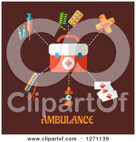 Clipart of Ambulance Text Under First Aid Items on Brown - Royalty Free Vector Illustration by Vector Tradition SM