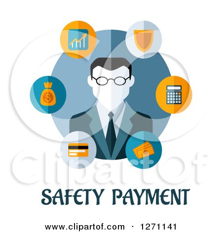 Clipart of Safety Payment Text Under a Businessman Surrounded by Financial Icons - Royalty Free Vector Illustration by Vector Tradition SM