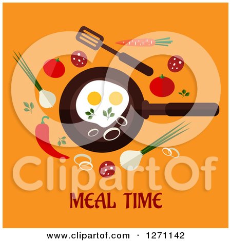 Clipart of Meal Time Text Under a Frying Pan and Veggies on Orange - Royalty Free Vector Illustration by Vector Tradition SM