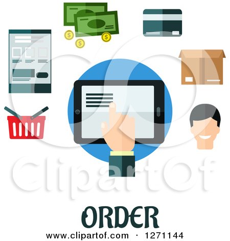 Clipart of Order Text Under a Tablet Surrounded by Retail Icons - Royalty Free Vector Illustration by Vector Tradition SM