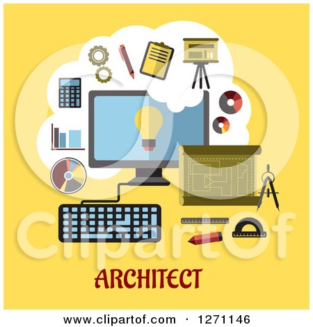 Clipart of Architect Text Under a Computer with Financial Icons on Yellow - Royalty Free Vector Illustration by Vector Tradition SM