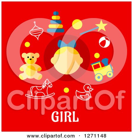 Clipart of Girl Text Under a Face and Toy Icons on Red - Royalty Free Vector Illustration by Vector Tradition SM