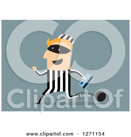 Clipart of a White Shackled Robber Running with a Credit Card on Blue - Royalty Free Vector Illustration by Vector Tradition SM