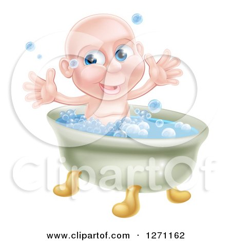 Clipart of a Happy Bald Blue Eyed Caucasian Baby Boy in a Bath Tub - Royalty Free Vector Illustration by AtStockIllustration