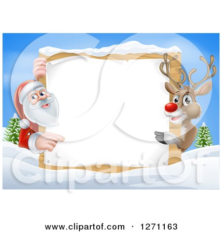 Clipart of a Reindeer and Santa Pointing Around a Christmas Wood Sign in the Snow Against Blue Sky - Royalty Free Vector Illustration by AtStockIllustration